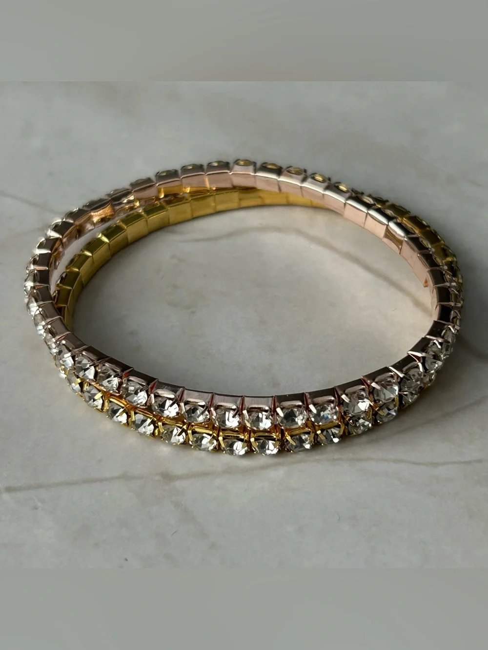 Gold Tone and Rose Gold Tone Crystal Stretch Bracelet Set
